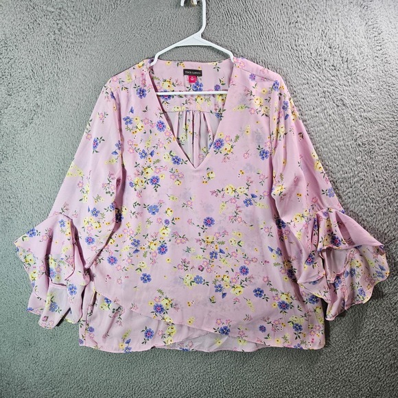Vince Camuto Top Blouse‎ Women XL Ruffle Sleeve Floral Pink Sweet V-Neck - Picture 1 of 9